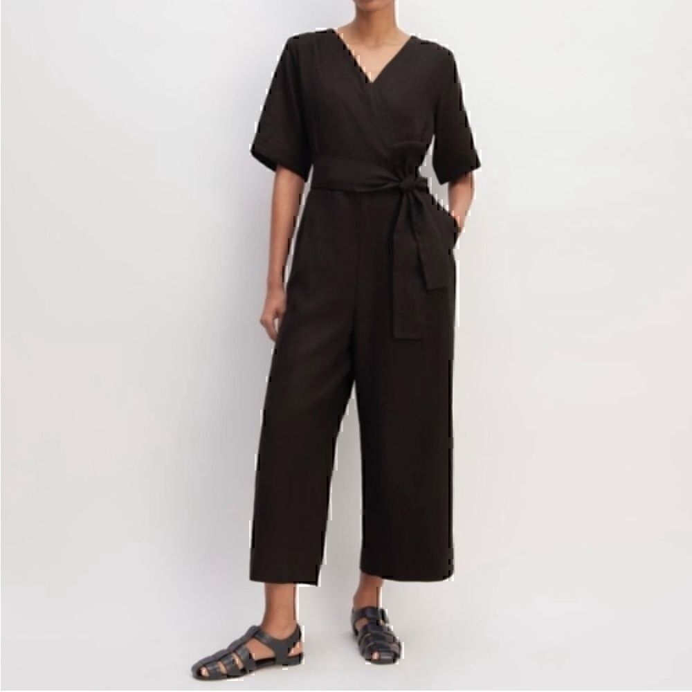 New Everlane The Linen Cross Front Jumpsuit Black 6 Sustainable